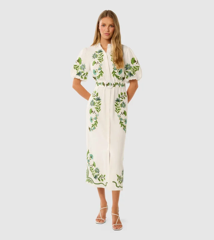 forever new  BETH Embroidered Midi Shirt Dress for Women | Best Price UAE
